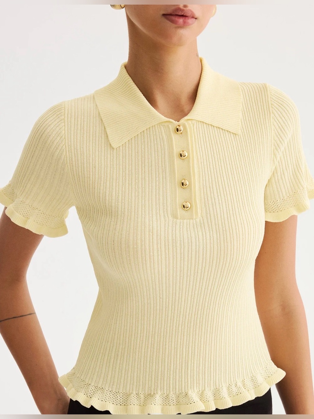 NWT Commense Ruffled Collared Ribbed Light Yellow Knit Top - Picture 2 of 3